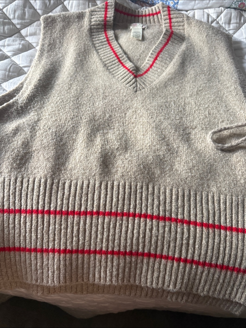 Free People Classic Cream V-Neck Knit Sweater Vest with Red Stripe
